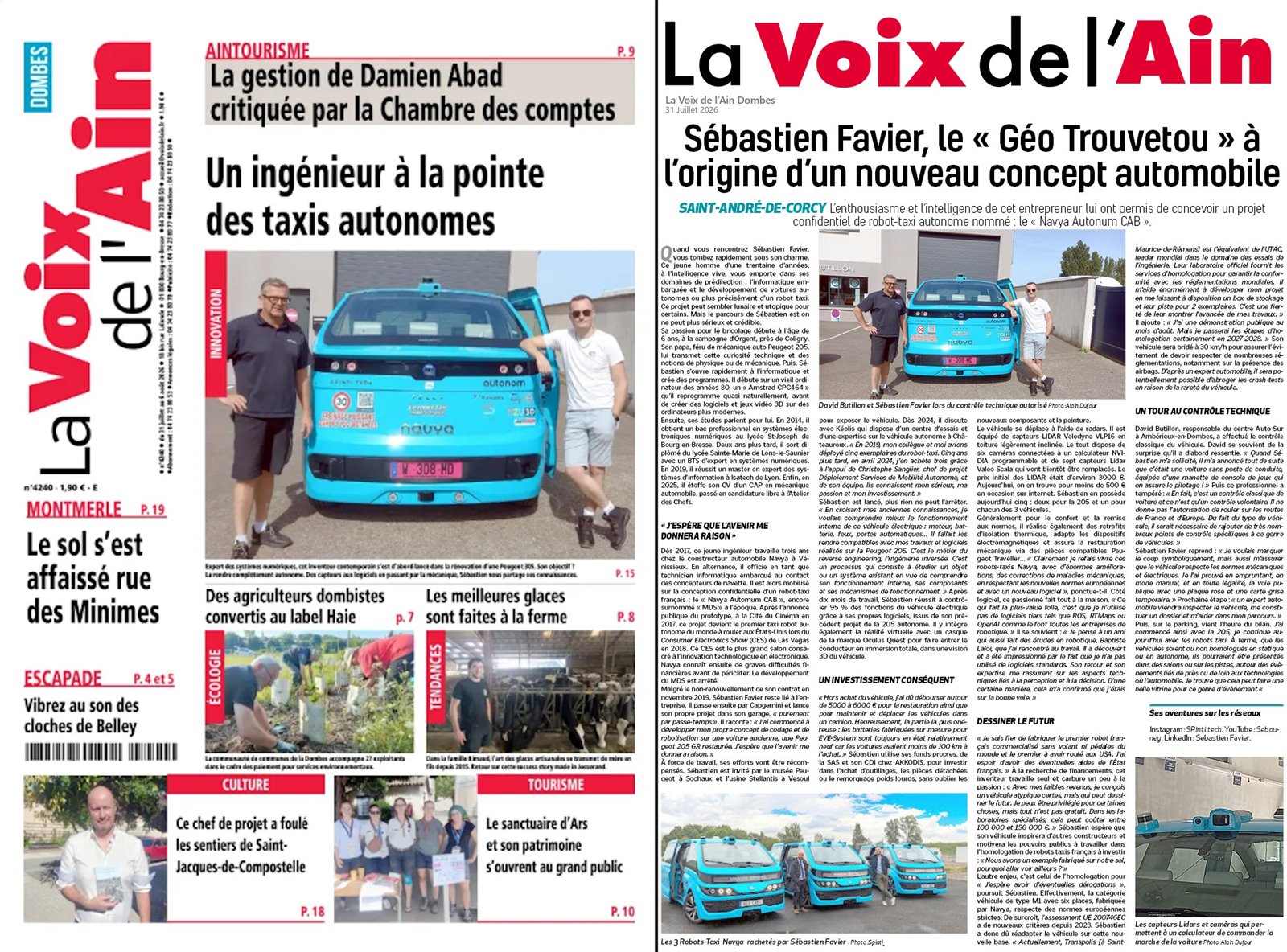 Article de La Voix de l’Ain consacré à Sébastien Favier et aux robots taxis